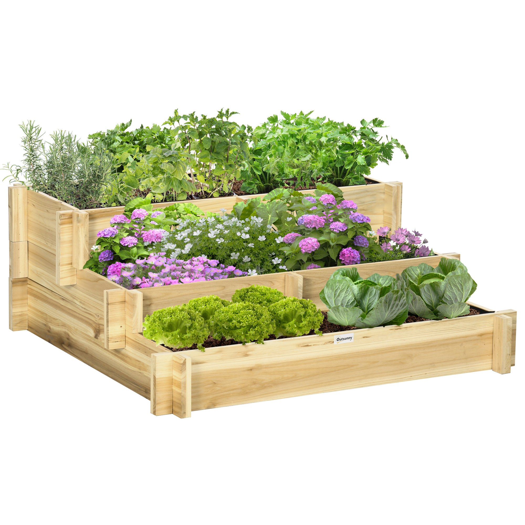 OUTSUNNY Zvýšený trojposchodový drevený záhon 93 x 35 x 93 cm svetlé drevo