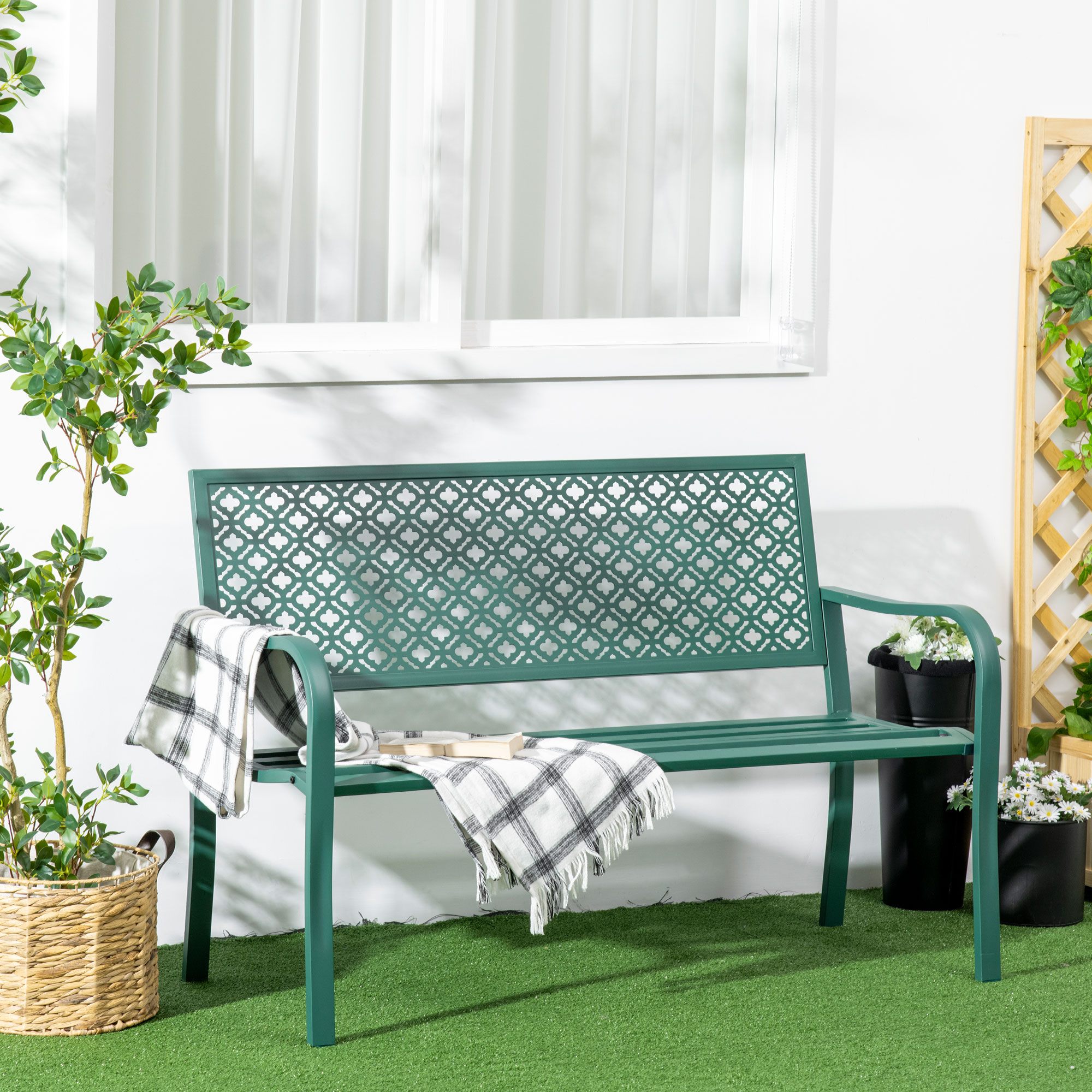 Záhradná lavička HOMCOM nosnosť 280 kg 127 x 63 x 83 cm tmavozelená