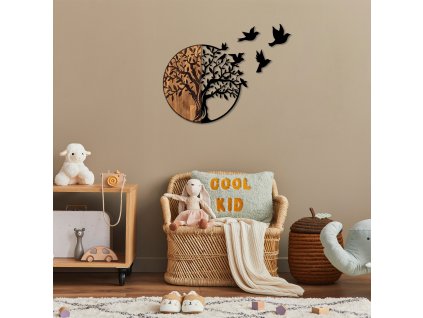Nástěnná dekorace dřevo kov TREE AND BIRDS černá ořech