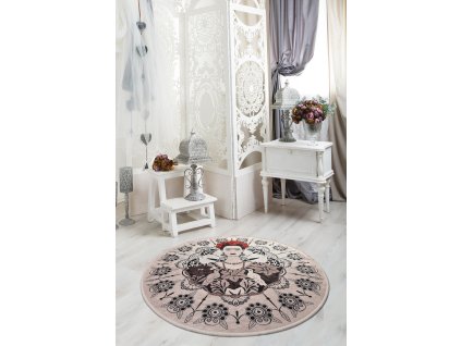 Kulatý koberec (140 cm) FRIDA ROUND béžový – Frida Kahlo s ornamenty