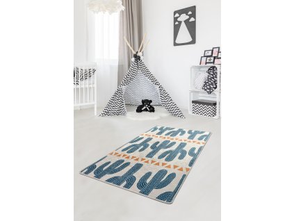 Dětský koberec (140 x 190) CACTUS TIME béžový s modrými kaktusy