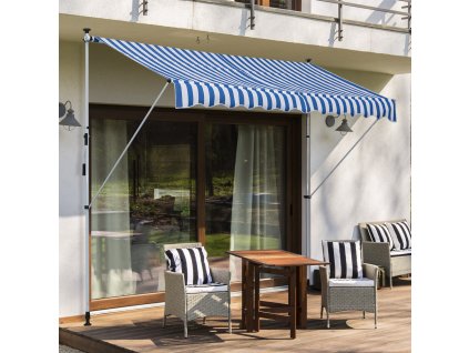 Výškově nastavitelná přenosná markýza vhodná na balkon 300 x 150 cm modrobílá