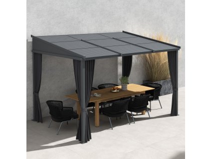 Kovová pergola s pevnou střechou a plátěnými bočnicemi 365 x 225 cm šedá
