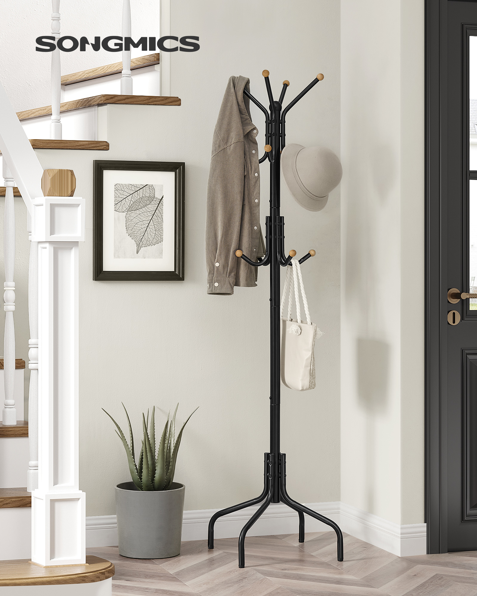 Levně SONGMICS Kovový věšák na kabáty s 12 háčků 180 cm černá