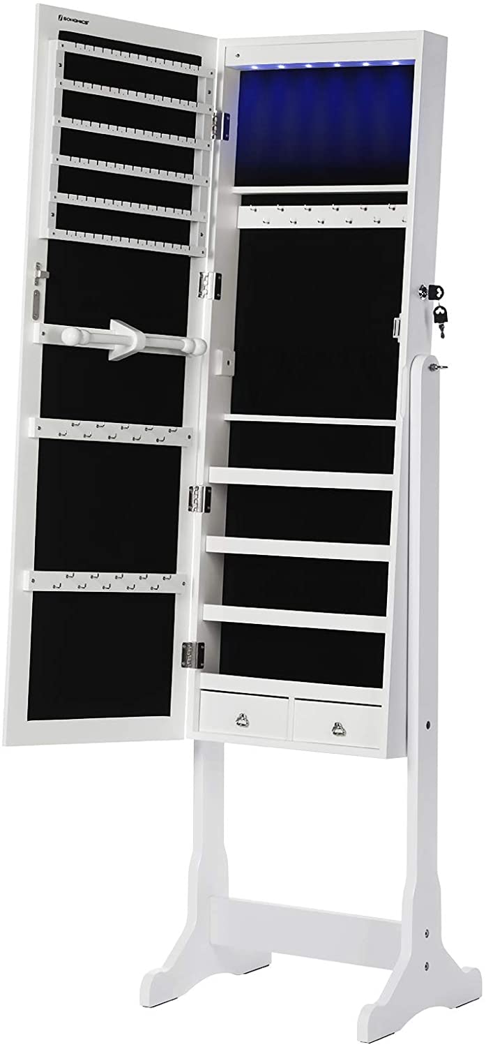 SONGMICS Jewelry Armoire with Mirror Free Standing White 41 x 151 cm