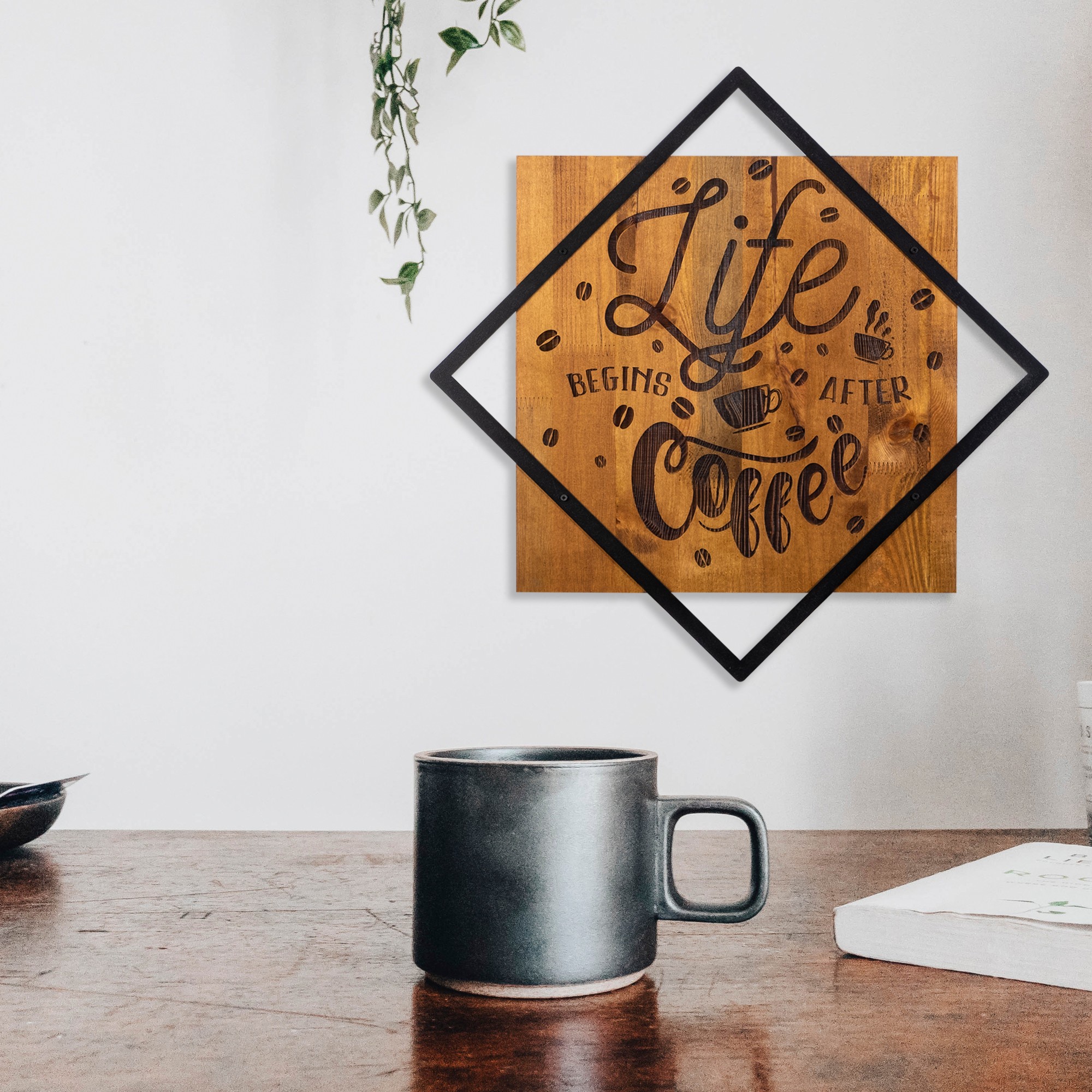 ASIR Nástěnná dekorace dřevo LIFE BEGINS AFTER COFFEE 54 x 54 cm