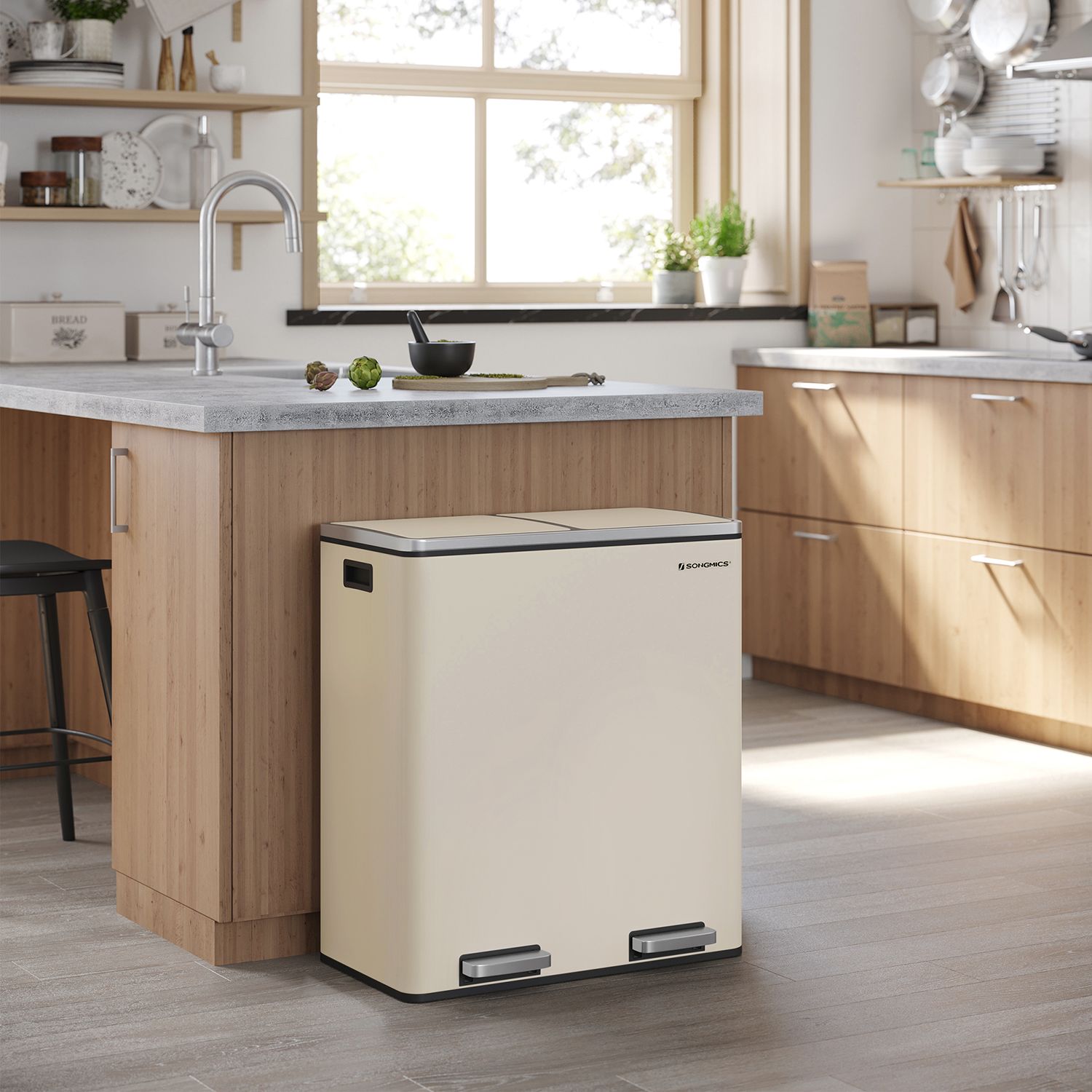 Levně SONGMICS Odpadkový koš na tříděný odpad 2 x 30 L krémový