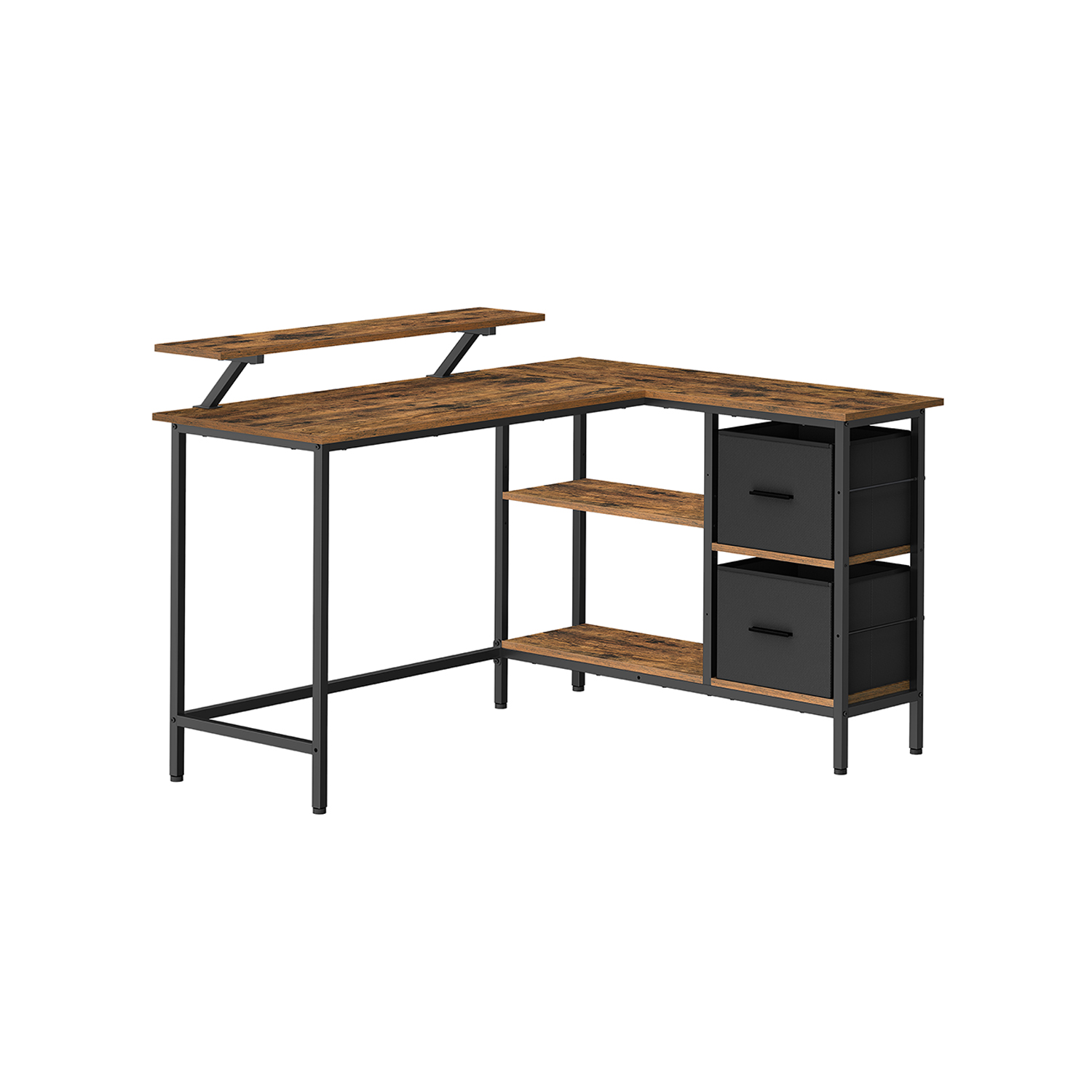 Levně VASAGLE Rohový psací stůl s policí a úložnými boxy 135 x 90 x 105 cm hnědý