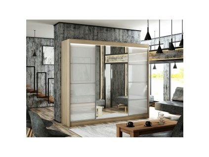 Kvalitní Šatní Skříň Velis 250 cm (Barevná varianta skříně Dub Sonoma, Barevná varianta skla Bílá)