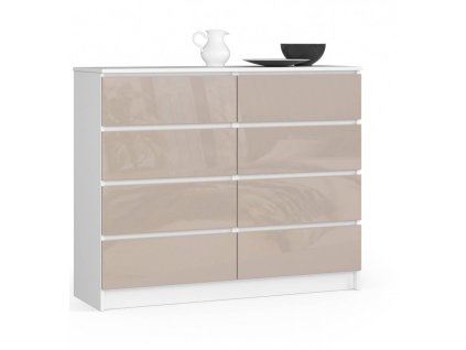 komoda do salonu 120 cm biala cappuccino polysk 8 szuflad