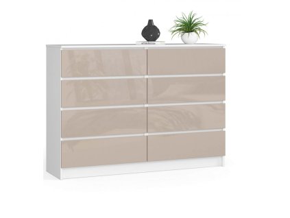 komoda do salonu 138 cm biala cappuccino polysk 8 szuflad