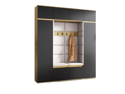 Předsíňová stěna AMI 32 (Barevná varianta tkaniny Tmavě modrá, Varianta zrcadel Bez zrcadla, Barevná varianta dekoru Dub artisan + černá)