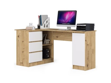 biurko narozne b20 155 cm lewe dab artisan biale 3 szuflady