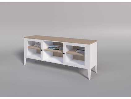Bukový TV stolík ROMA White KT4 biely (Dvířka Dvířka - čiré sklo, Úchyty úchyt - čierna)