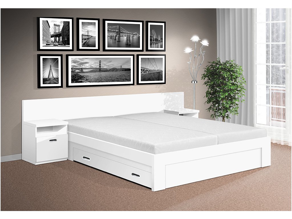 Moderná manželská posteľ s nočnými stolíkmi a úložným priestorem Simon 160x200 cm bielá
