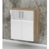 Závesná kúpeľňová skrinka s policou K2 š.60 cm v dekore dub sonoma tmavýs bielymi lesklými dvierkami