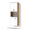 Vysoká kúpeľňová skrinka s policami a košom na bielizeň K29 š. 60 cm v dekore dub wotan s bielymi dvierkami v lesku