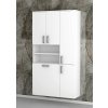 Vysoká, závesná kúpeľňová skrinka K40 s košom na bielizeň v dekore biela s lesklými dvierkami