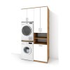 Vysoká kúpeľňová skrinka na práčku a sušičku s košom na bielizeň K45 v dekore dub wotan s bielymi dverami v lesku
