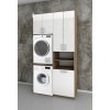 Vysoká kúpeľňová skrinka na práčku a sušičku s košom na bielizeň K45 v dekore dub sonoma tmavý s bielymi dverami v lesku