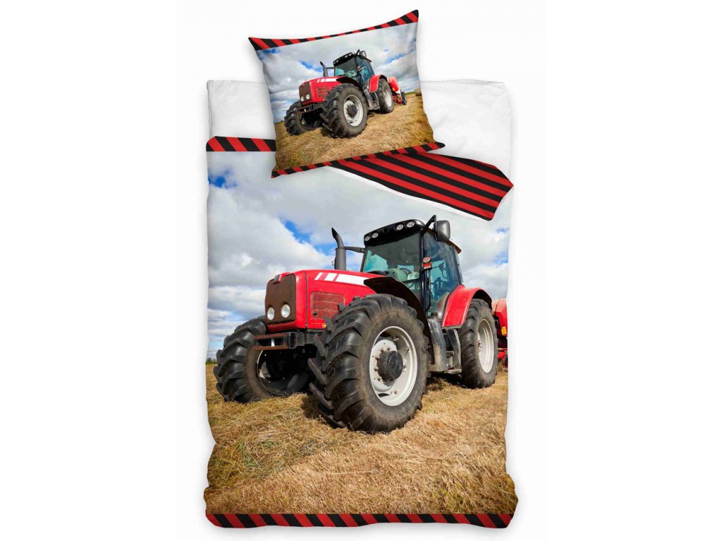 TipTrade s.r.o. Bavlněné povlečení Červený Traktor na poli 140x200 + 70x90 cm