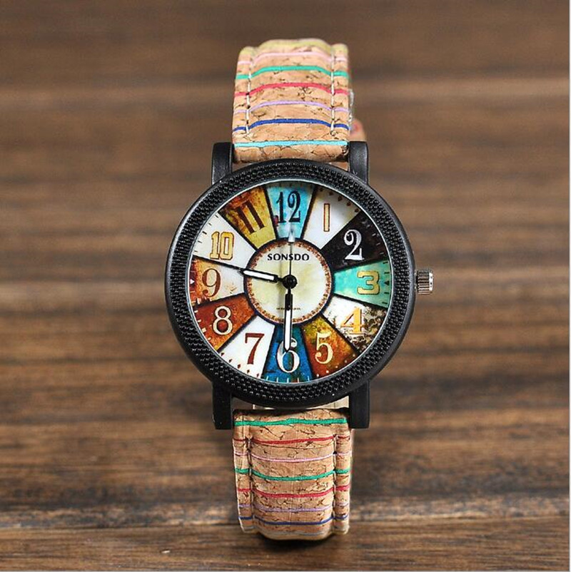 Načančaná.cz kožené unisex Wood hodinky - 2 motivy Motiv: Rovné ručičky, hnědá barva s barevnými pruhy na náramku