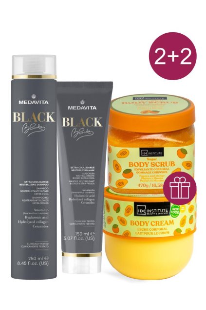 Akce 2+2 Medavita BLONDIE EXTRA COOL šampon, maska +ZDARMA IDC mango tělový peeling a krém