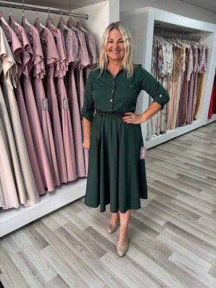 Midi košeľové šaty s opaskom v zelenej farbe