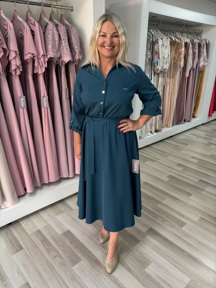 Midi košeľové šaty s opaskom v petrolejovej farbe