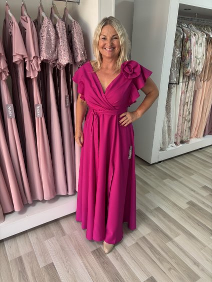 Dlhé šaty Penelopa vo fuchsiovej farbe s ružičkou