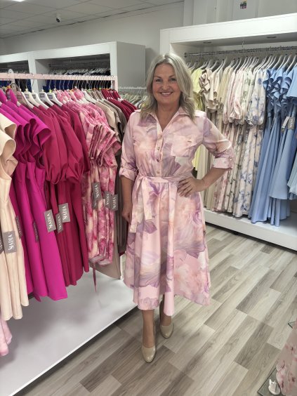 Midi ružové košeľové šaty s kvetmi