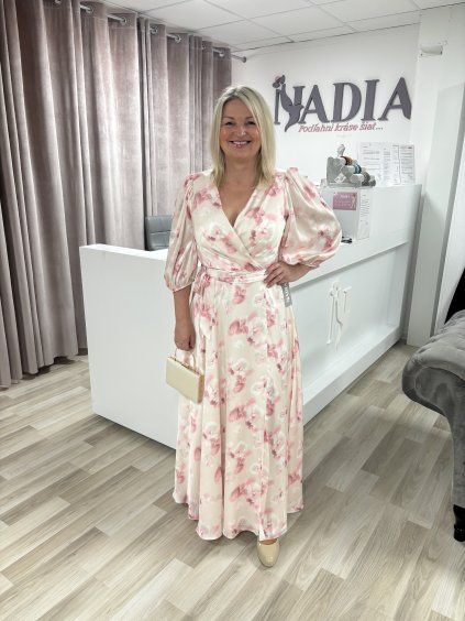 Dlhé krémové saténové šaty Venezia s kvetmi