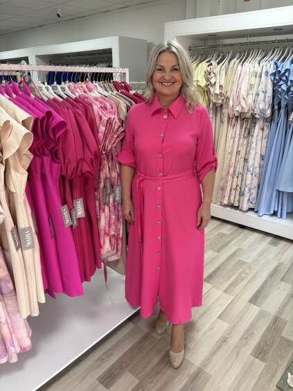 Midi košeľové ružové šaty na gombíky