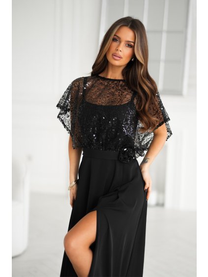 Dlhé čierne šaty s flitrovaným vrškom