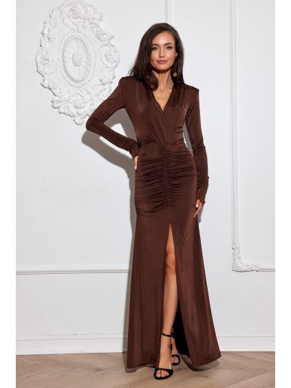 Dlhé hnedé elastické šaty ARIELLA s riasením
