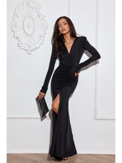 Dlhé čierne elastické šaty ARIELLA s riasením