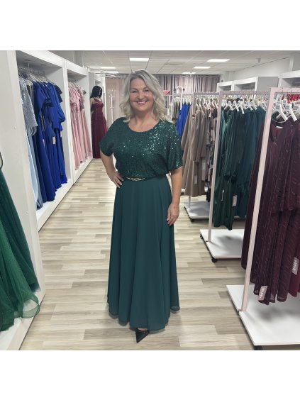 Dlhé zelené šaty s flitrovaným vrškom