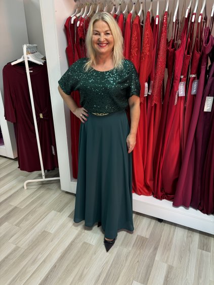 Dlhé zelené šaty s flitrovaným vrškom