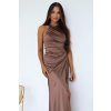 Dlhé saténové šaty v capuccino farbe okolo krku