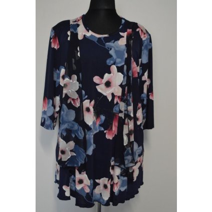 1402 Tm. modrá květovaná halena, efekt 2v1, vel. 2XL