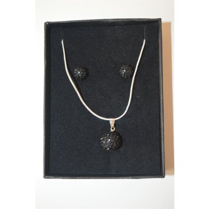 1557 Sada: náušnice + náhrdelník s černou kuličkou vykládanou kamínky, v dárkové krabičce. KRÁSNÝ VÁNOČNÍ DÁREK!!