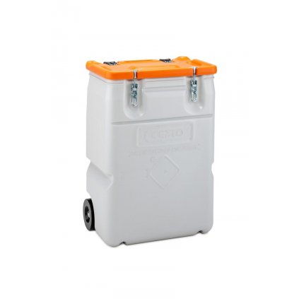 Mobilní BOX 170 l s kolečky, uzamykatelný pro přepravu pevného zboží v obalech skupiny II nebo III a je také schválena pro přepravu v souladu s ADR, RID a IMDG Code.