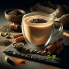 DALL·E 2023 10 30 22.42.08 Photo realistic image of a glass teacup containing aromatic wakocha tea blended with spices and a creamy layer of milk. The cup is placed on a dark st