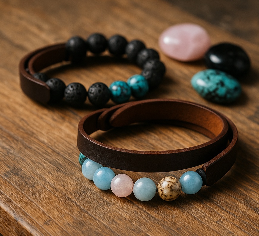 Kožené pásky a minerály - kontrast materiálů, který funguje