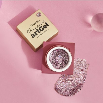 Clavier Art Gel Princess 5g Rapunzel Priehľadný gél na zdobenie nechtov s obsahom ružových trblietok rôznych veľkostí.