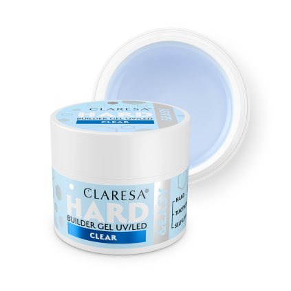 Claresa Gel HARD & EASY CLEAR Číry stavebný tixotropný gél so stredne hustou konzistenciou. Tvrdý a odolný. Nesteká, nezalieva kožičky a nepáli v lampe. Ideálny na predlžovanie, spevnenie aj techniku bez pilovania.