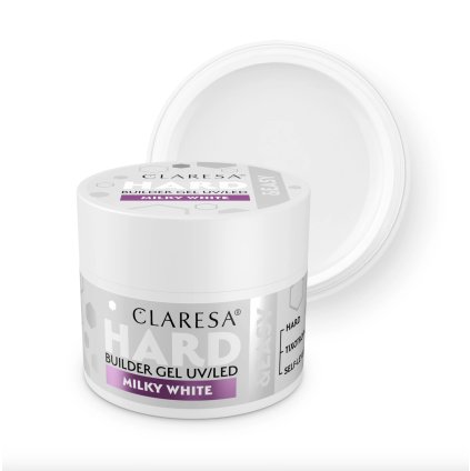 Claresa Gel HARD & EASY MILKY WHITE Mliečne biely stavebný tixotropný gél so stredne hustou konzistenciou. Tvrdý a odolný. Nesteká, nezalieva kožičky a nepáli v lampe. Ideálny na predlžovanie, spevnenie aj techniku bez pilovania.