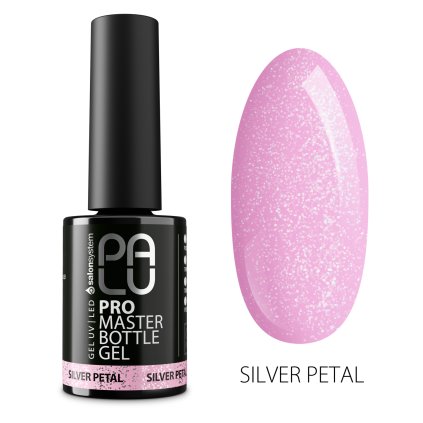 PALU PRO MASTER BOTTLE GEL 11g SILVER PETAL Stavebný gél vo fľaši so štetcom pre rýchlu modeláciu nechtov. Ružovo-fialový odtieň so striebornými trblietkami.