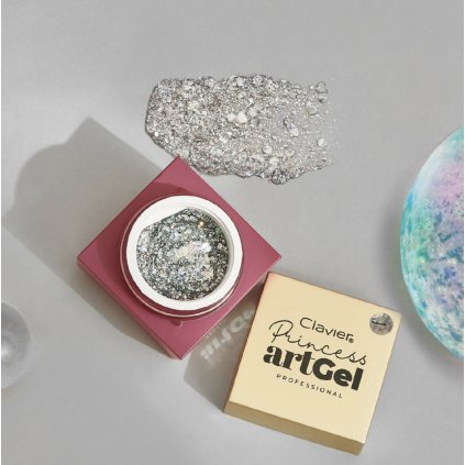 Clavier Art Gel Princess 5g Cinderella Priehľadný gél na zdobenie nechtov s obsahom strieborných trblietok rôznych veľkostí.