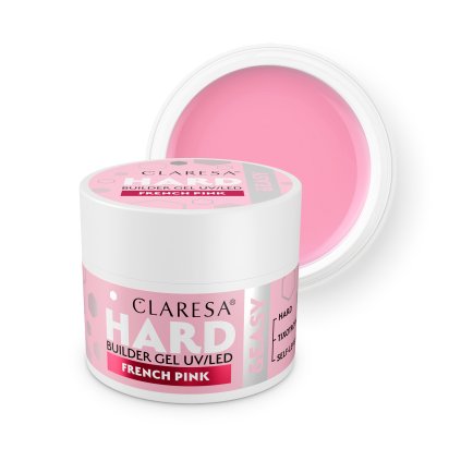 Claresa Gel HARD & EASY FRENCH PINK Ružový stavebný tixotropný gél so stredne hustou konzistenciou. Tvrdý a odolný. Nesteká, nezalieva kožičky a nepáli v lampe. Ideálny na predlžovanie, spevnenie aj techniku bez pilovania.
